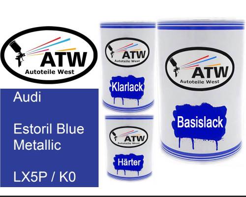 Audi, Estoril Blue Metallic, LX5P / K0: 500ml Lackdose + 500ml Klarlack + 250ml Härter - Set, von ATW Autoteile West.